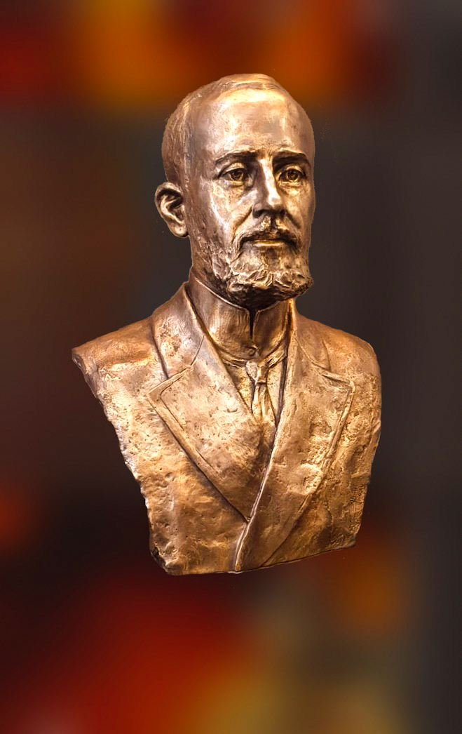 Retrat d'Angel Rodríguez, fundador del RCDE, en bronze. Stadium Cornellà/El Prat